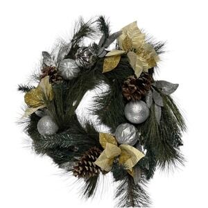 Christmas Wreath Holiday Pine Cone Ornament Gold Silver Decor 15‎ Inch